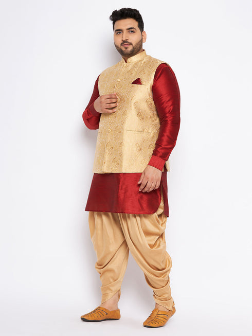Vastramay Men's Plus Size Rose Gold Woven Nehru Jacket With Maroon Kurta And Rose Gold Dhoti Set